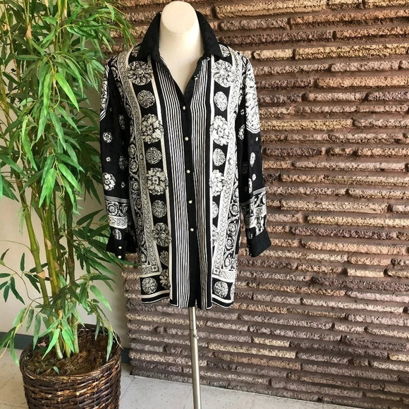 Diane Freis Vintage 100% Silk Black & White Mandala Print Tunic Blouse - Picture 1 of 7